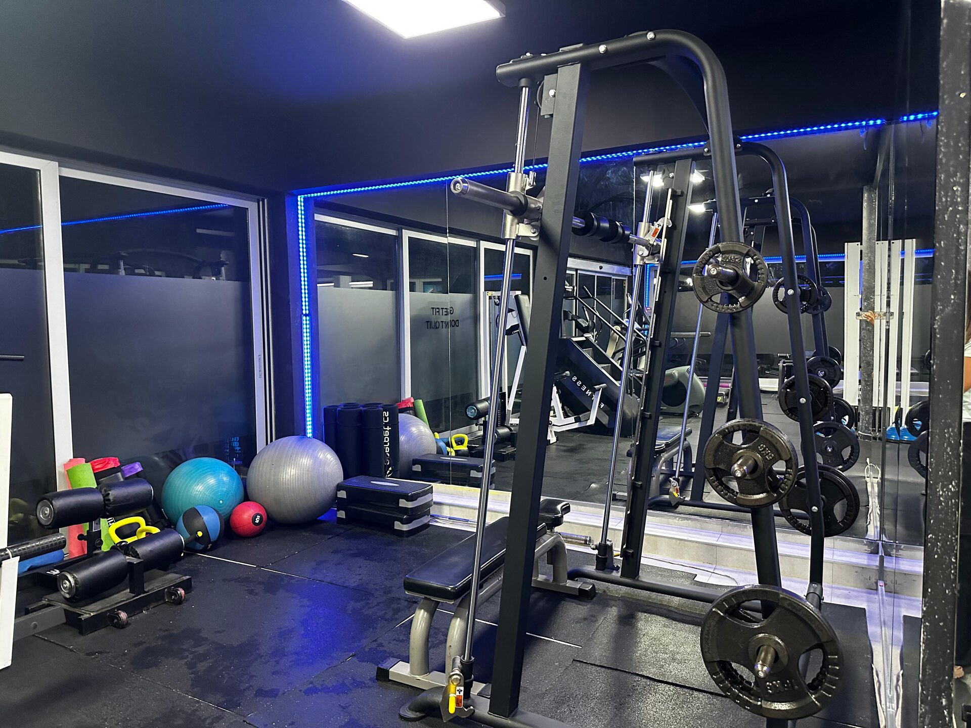 Training corner with exercise balls and blue LED